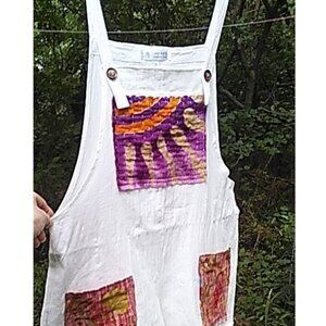 Overall Shorts White With Kantha Pockets Patches XL Cotton Thin Upcycled New